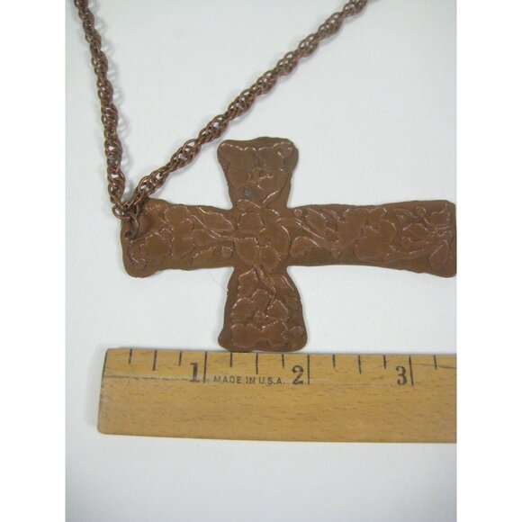 Handmade Copper Cross Pendant Necklace Floral Design Hammered CVG 30 inch Vintag - Picture 3 of 16